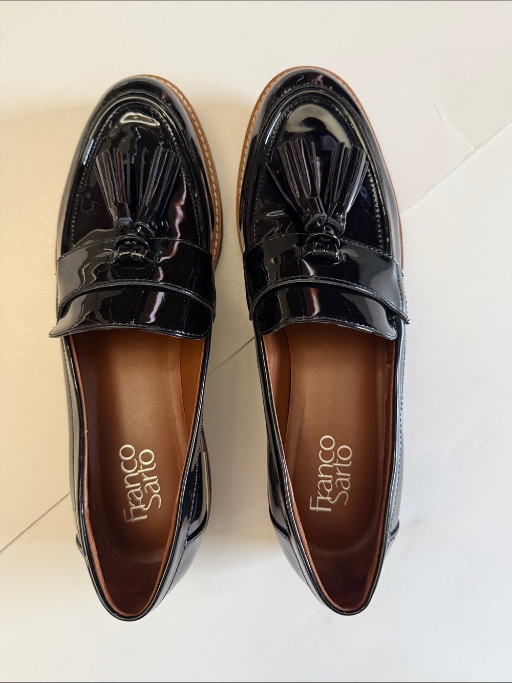 NWT FRANCO SARTO BLACK PTENT TASSEL PENNY LOAFERS, SIZE 9 - Picture 2 of 11